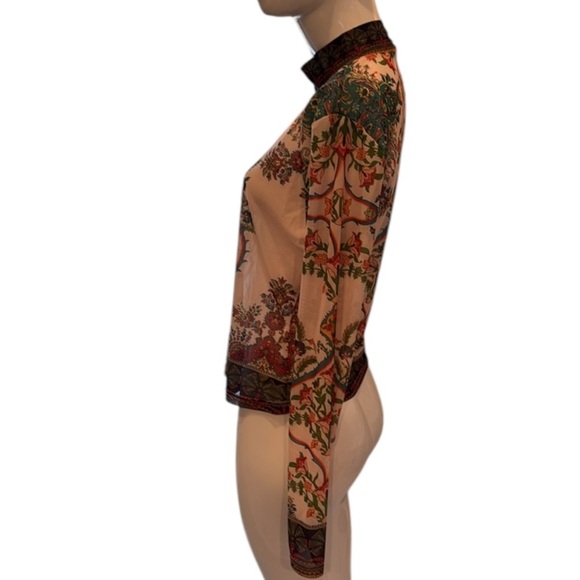 Peach Cream Multi Romantic Floral Mesh Mock Neck Long Sleeve Top Size Large - Picture 7 of 11